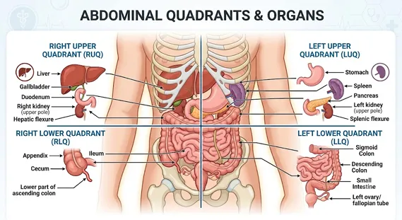 Medical diagram showing the four quadrants of the abdomen for identifying stomach pain causes.