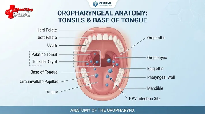69 Pose and Oral Sex: STI Risks, Health Risks & Safer Practices 2 Illustration of the mouth and throat areas that can be affected by oral HPV (69 Pose and Oral Sex risk)