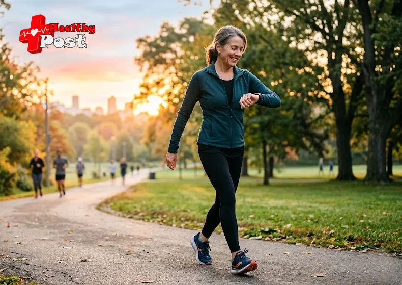 Adult doing brisk morning walk while monitoring heart rate on smartwatch