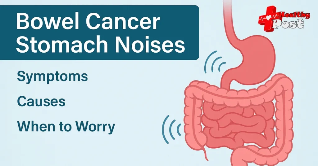 A medical illustration highlighting the gastrointestinal tract and an auditing checklist of bowel cancer stomach noises symptoms.