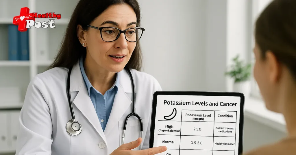 A lab report showing a blood test panel alongside a clinical data illustration analyzing whether is low potassium a sign of cancer.