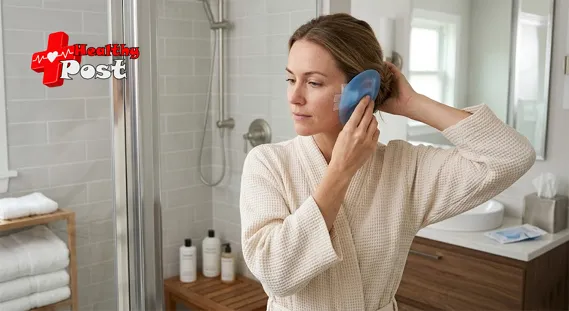 Adult using a waterproof ear cover before showering after ear surgery