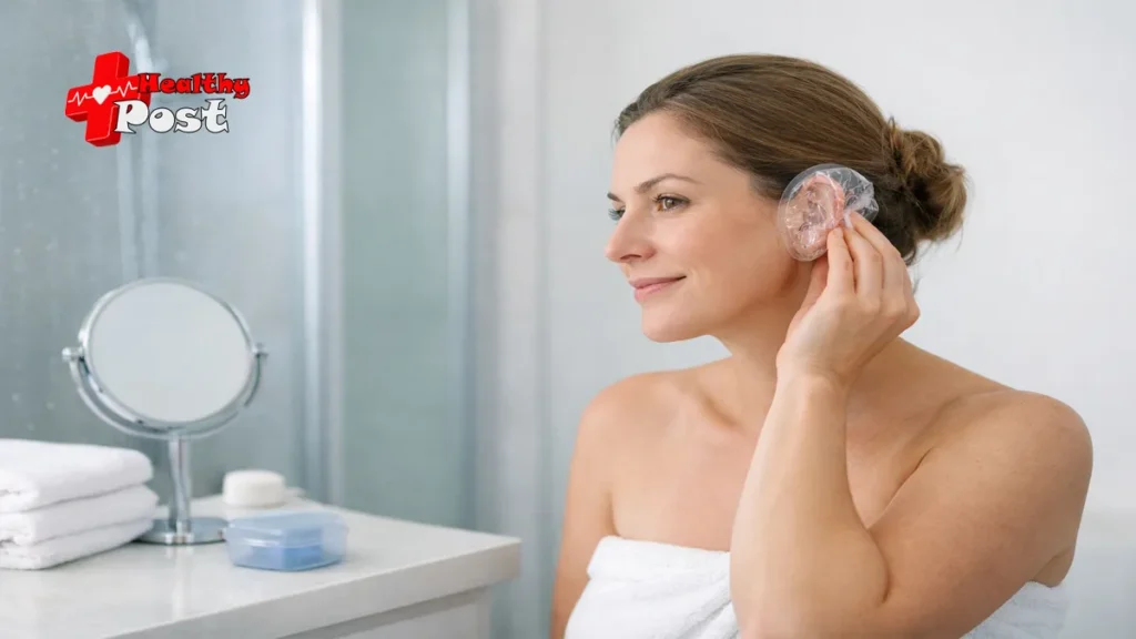 A medical protective ear cap being used for ear water protection during a shower to keep a sensitive ear canal completely dry.