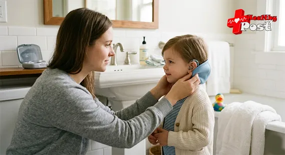 Parent helping child use a protective ear cover before bathing