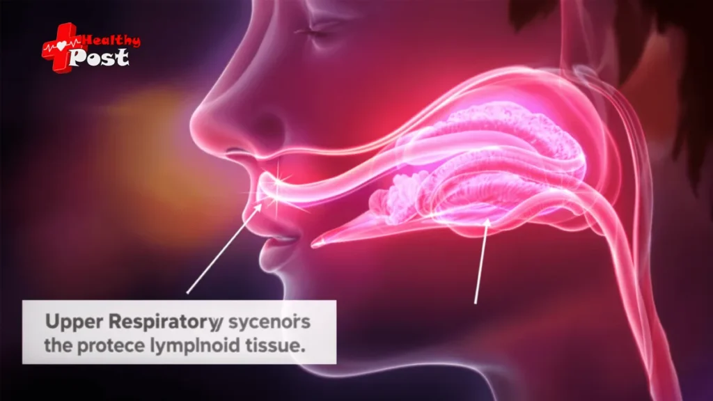 A medical illustration highlighting the exact anatomical location of the adenoid tissue behind the nasal cavity, alongside an ENT doctor examining a patient.