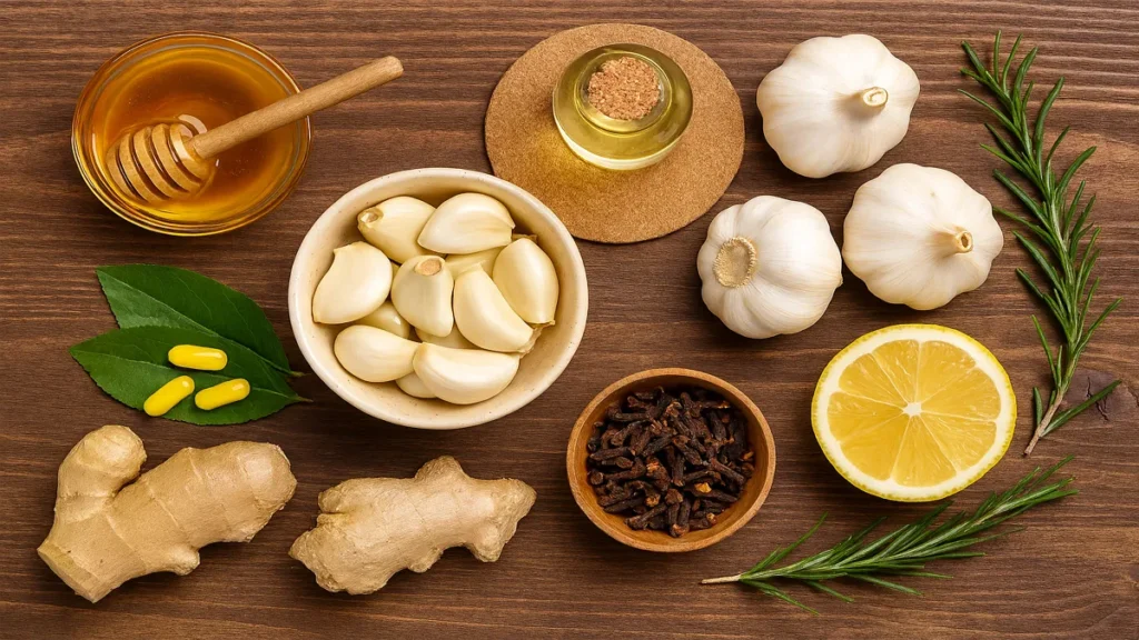 Close-up of natural health ingredients like garlic and clove oil used for temporary relief of a tooth infection.