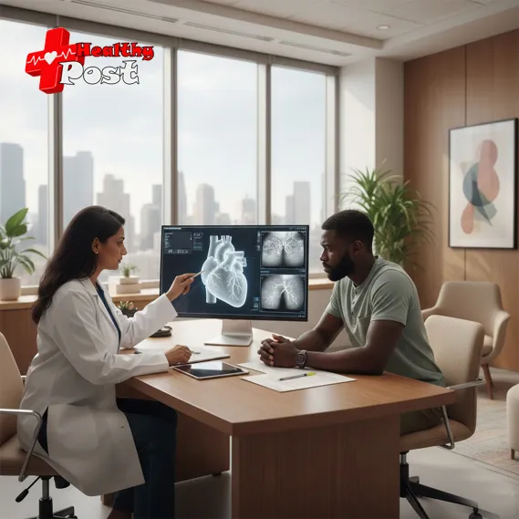 a cardiologist explains the benefits and risks of coronary stent surgery during a pre-procedure visit