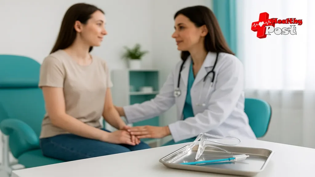 a warm, professional clinic setting that reflects comfort and trust during cervical screening