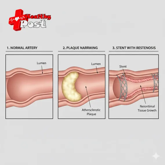 illustration showing how a coronary artery can narrow again inside a stent, a process called restenosis