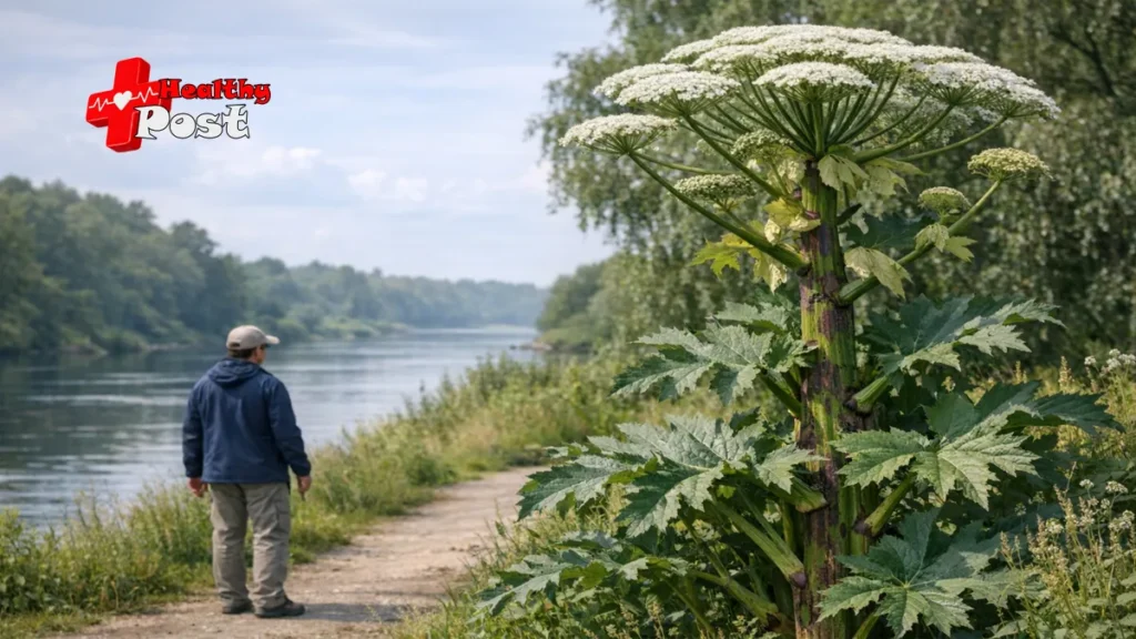 A high-contrast botanical photograph of a toxic Giant Hogweed plant highlighting its massive umbrella-shaped white flower clusters and hollow green stem to help readers safely identify the source of severe giant hogweed burns.
