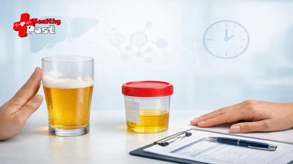 7 Shocking Facts About How Long Does Alcohol Stay in Urine A clean clinical laboratory desk displaying a sterile urine sample container with a barcode label alongside a medical processing checklist to analyze how long does alcohol stay in urine.