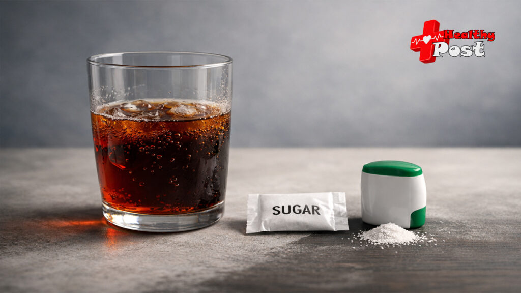A glass of sugar-free cola with ice, representing the topic of sugar-free cola and its effects on the body.