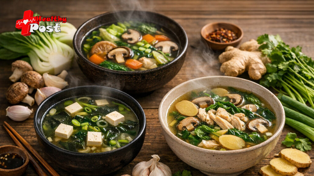 A steaming bowl of traditional Asian soup with ginger, garlic, medicinal herbs, and fresh greens demonstrating immune boosting hot broths.
