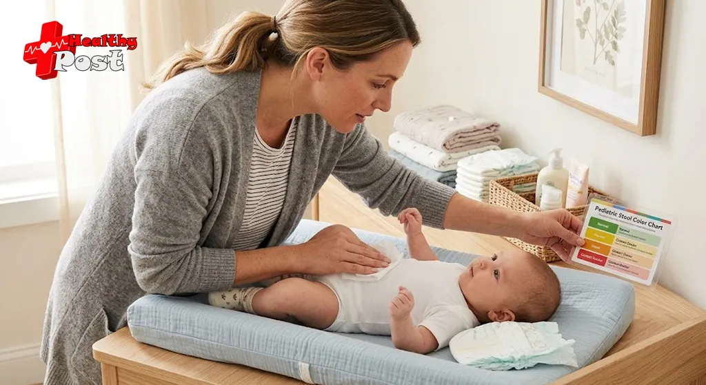 Caregiver reviewing baby diaper with stool color guide in nursery