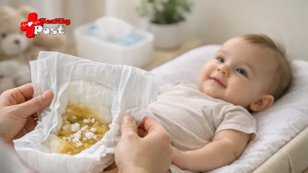 5 Powerful Reasons Undigested Milk in Baby Stool Isn’t Always Dangerous Caregiver checking a baby diaper showing normal seedy yellow stool with prominent white infant milk curds on a nursery changing table.