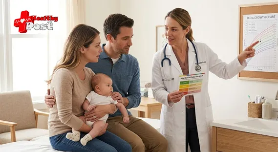 Pediatrician reviewing baby growth chart and stool concerns with parents