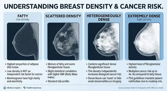 Infographic of BI-RADS breast density categories A through D with simplified mammogram appearance