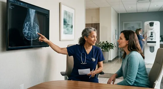 Clinician discussing mammogram breast density results with a patient in a screening clinic