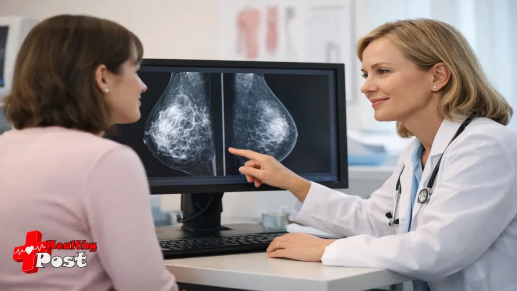 A female clinical oncologist pointing to dense fibroglandular tissue on a bilateral mammogram screen during a patient consultation discussing breast size and cancer risk factors.
