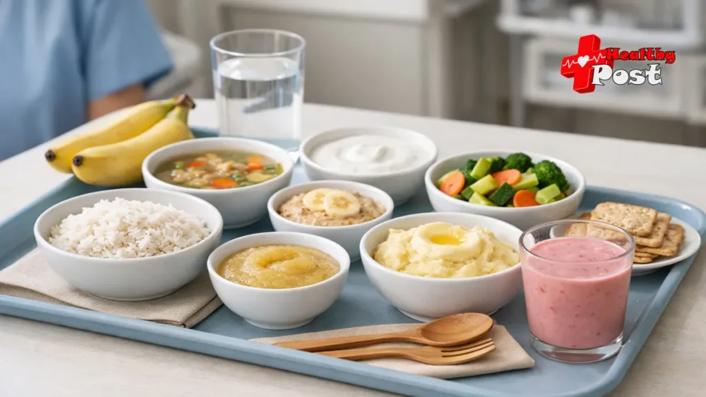 Cancer Patient Diet & Side Effect Management: An Evidence-Based Oncology Guide A clinical oncology nutrition tray featuring soft, low-odor foods for cancer patient diet and side effect management, including plain white rice, applesauce, mashed potatoes, and a nutrient-dense smoothie.