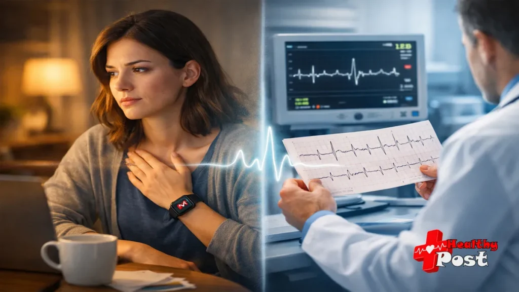 Split screen showing a woman experiencing heart palpitations at home while wearing a smartwatch, alongside a doctor analyzing an ECG chart in a medical clinic.