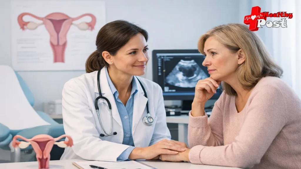 A gynecologic oncologist explaining endometrial cancer staging symptoms to a postmenopausal patient in a clinic with a uterine chart and ultrasound monitor.