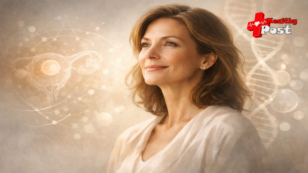 The Future of Menopause Longevity Medicine: A 2026 Guide to Ovarian Healthspan A middle-aged woman looking forward with confidence, overlaid with scientific graphics of an ovary and DNA helix representing menopause longevity medicine.