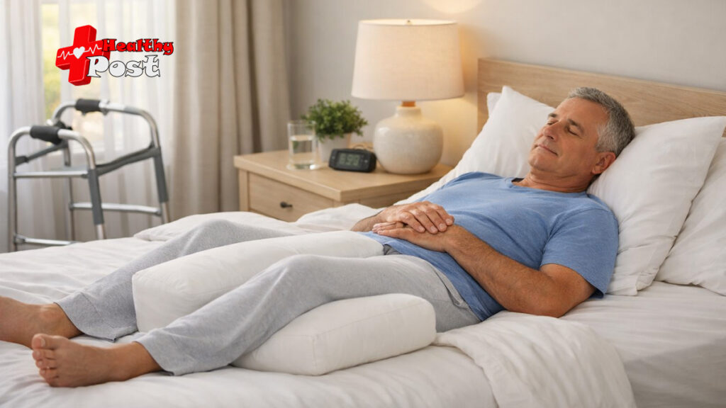 A patient recovering from total hip arthroplasty resting on his back with a supportive abduction pillow between his legs to protect the hip joint socket.