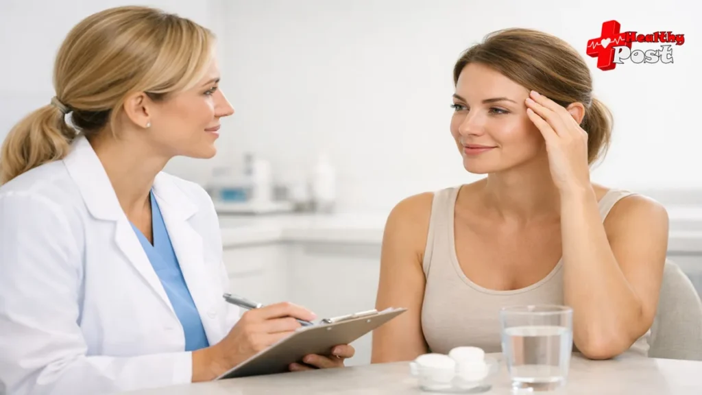 A clinical consultation with a practitioner explaining essential botox aftercare instructions and post-treatment timelines to a patient.