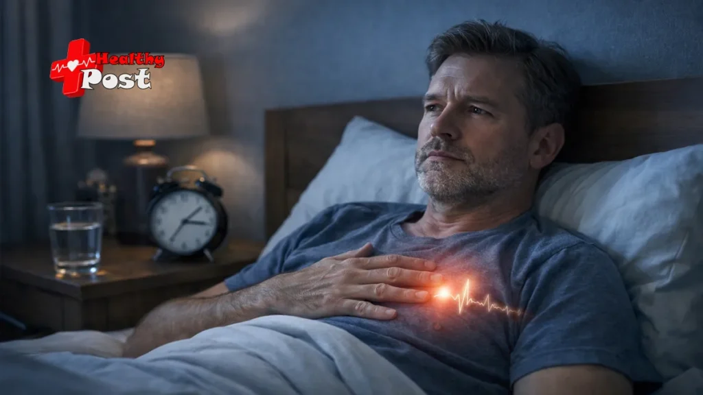 A concerned man sitting up in bed at night holding his chest due to a fast heartbeat and resting palpitations.