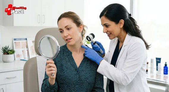 Dermatologist examining a skin tag on a patient’s neck in a clinic