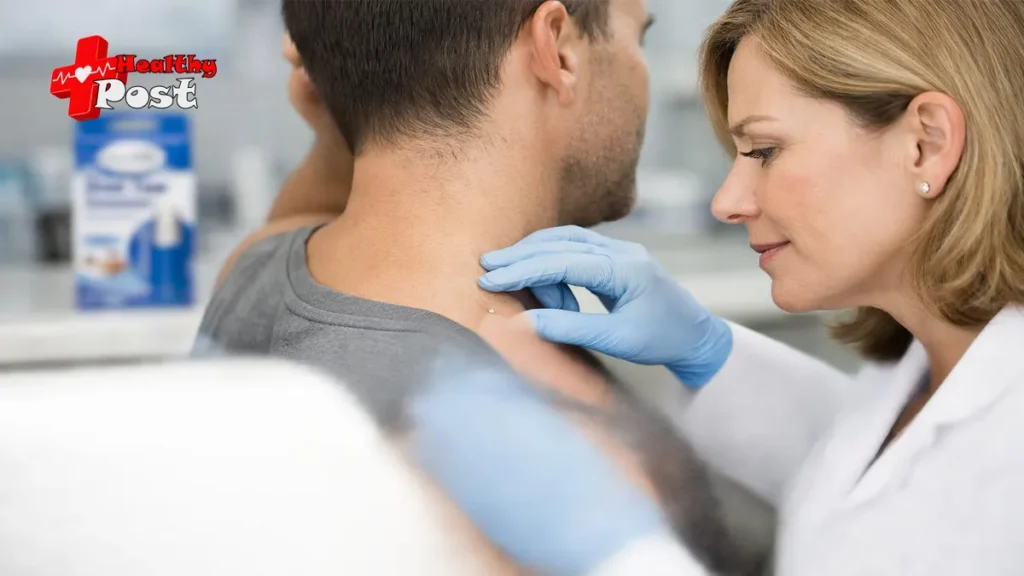 Are Skin Tag Removal Kits Safe? Dermatologist Guidance, Risks vs. Benefits A medical professional examining a small skin tag on a patient's neck with an over the counter skin tag removal kit visible in the background.