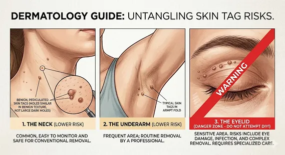 Illustration showing safer and riskier body areas for skin tag removal