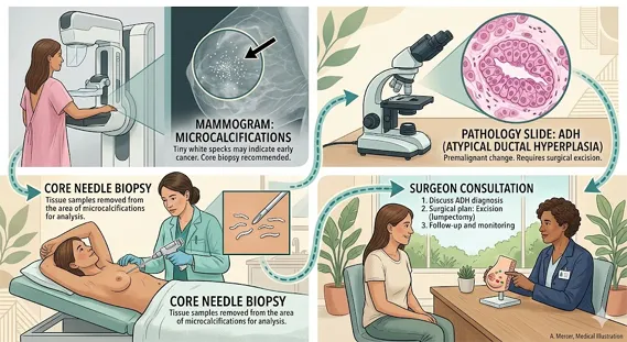 Breast screening pathway showing mammogram calcifications, core needle biopsy, and ADH pathology review