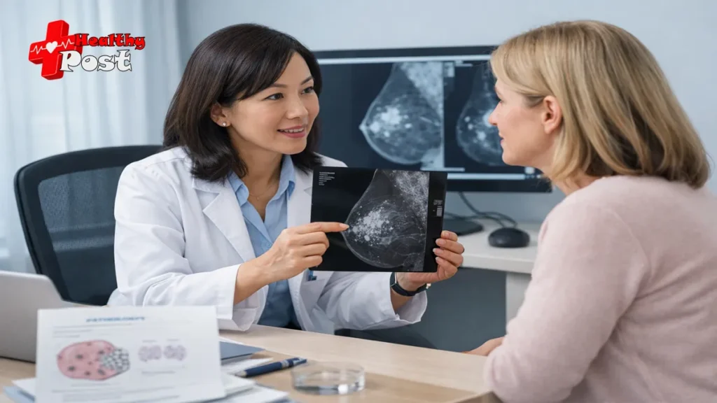 A professional medical illustration showing an empathetic Asian doctor in a white coat pointing to a mammogram film while discussing a breast biopsy result with a thoughtful female patient in a calm clinic setting.