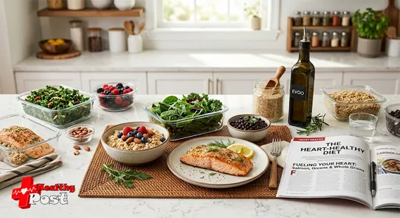 Heart-healthy meal prep with salmon, oats, berries, leafy greens, beans, olive oil, and whole grains