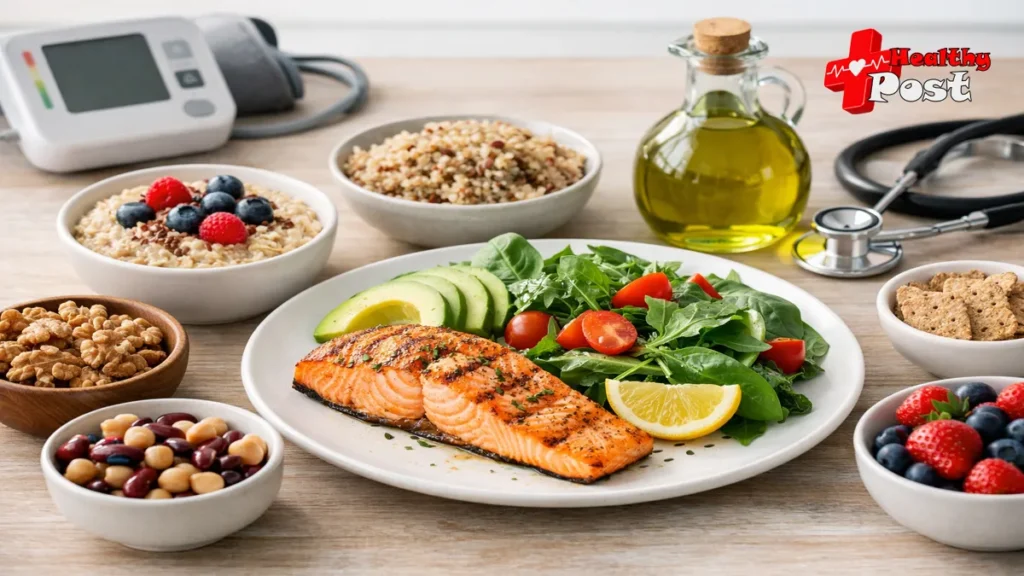 A plate of grilled salmon and avocado salad surrounded by heart-healthy foods like berries, oatmeal, nuts, olive oil, a stethoscope, and a blood pressure monitor.