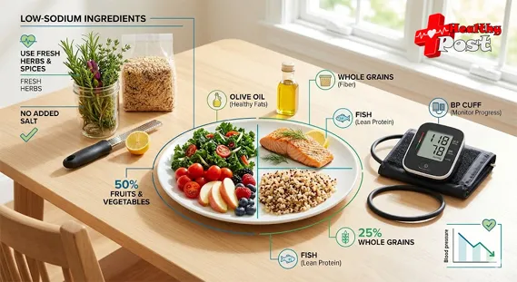 Balanced low-sodium DASH diet plate with fruits, vegetables, whole grains, and blood pressure cuff