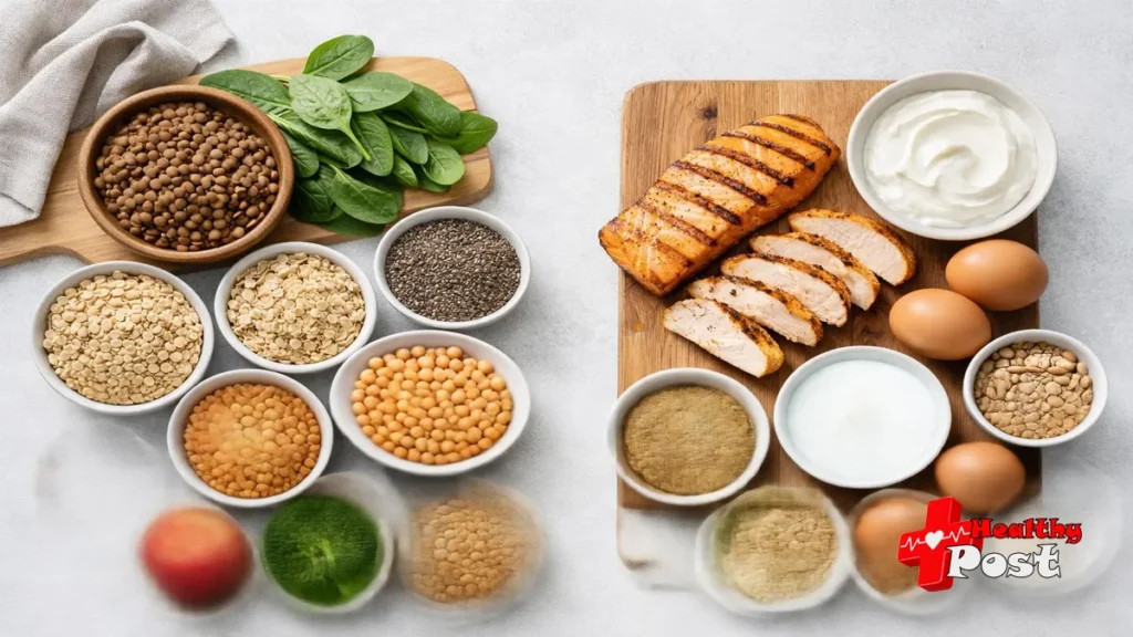 Fiber vs. Protein: Which Is More Important for human health ? A side-by-side comparison of high-fiber plant foods like lentils and spinach next to lean protein sources like chicken and eggs for a balanced diet.