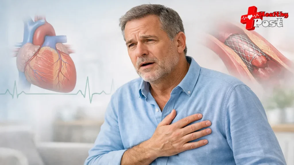 An older man clutching his chest due to angina pain, flanked by an medical illustration of a human heart and a cross-section diagram of a blocked coronary stent.