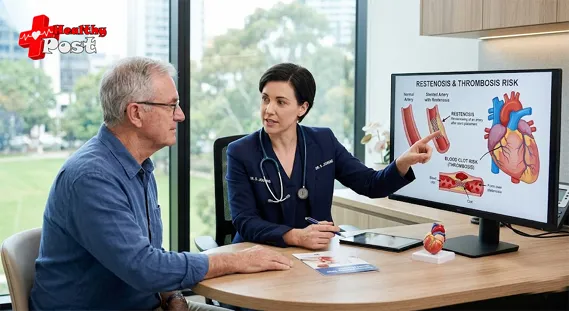 Cardiologist explaining blocked heart stent causes and treatment options to patient