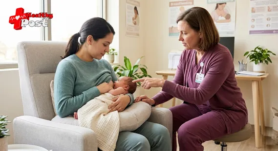 Lactation consultant observing newborn latch and upper lip during breastfeeding