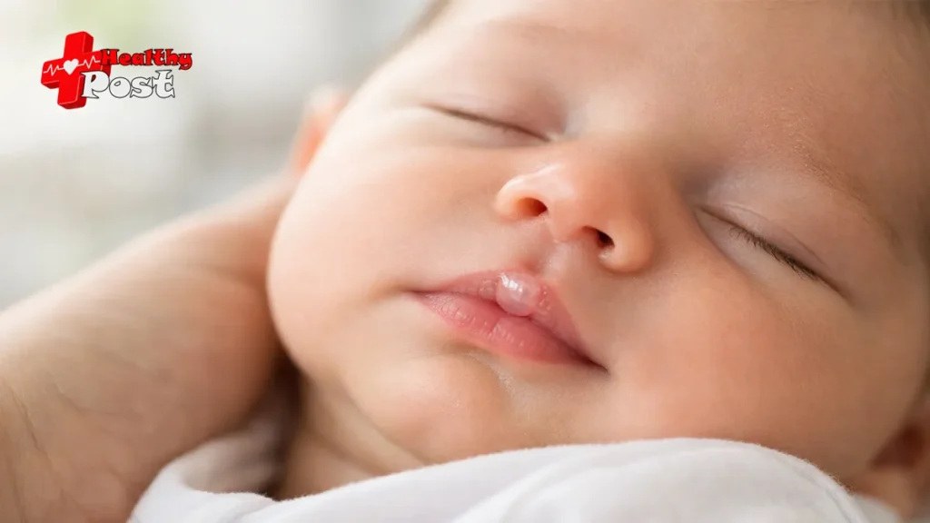 What Is a Newborn Sucking Blister? Clinical Causes and Treatment A close-up of a sleeping newborn baby with a prominent, fluid-filled sucking blister on the center of the upper lip caused by feeding friction.