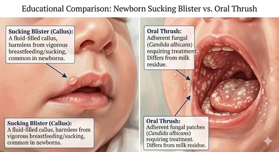 Comparison of newborn sucking blister on lip and oral thrush patches in infant mouth