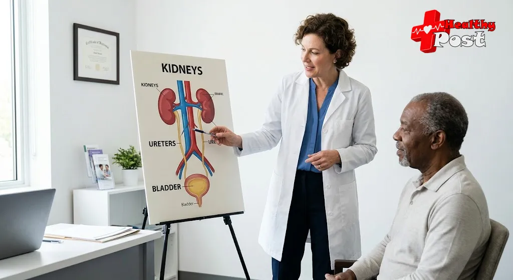 Urologist explaining the urinary tract and kidney stone passage to a patient in a medical office.