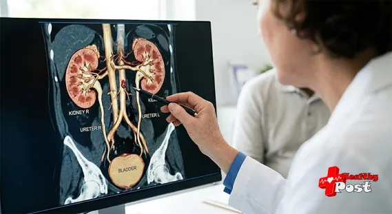 Medical professional examining a CT scan of kidneys on a computer monitor.