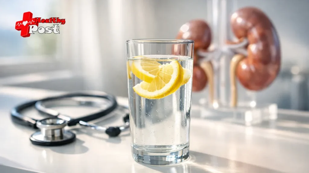 How to Pass a 4mm Kidney Stone Fast: Timeline & Urologist Advice A clinical study setting showing a glass of lemon water on a medical desk with a stethoscope and anatomical kidney model in the background.