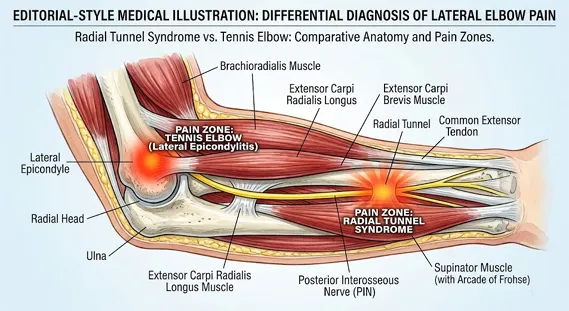 Labeled diagram comparing pain location in radial tunnel syndrome and tennis elbow