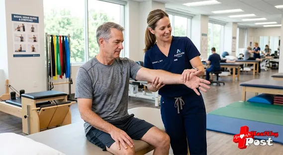 Patient performing radial tunnel syndrome physical therapy exercises with therapist supervision