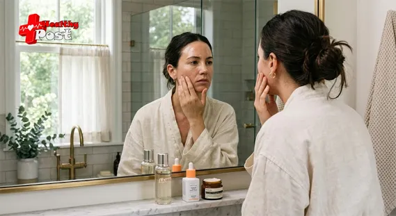 Person with oily-looking but tight-feeling skin checking forehead shine in bathroom mirror